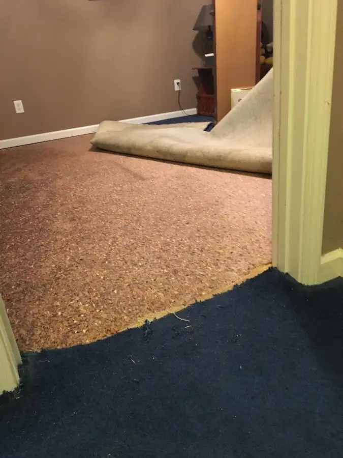 Carpet pad removal revealing water damage during Water Mitigation Services in Pike Road